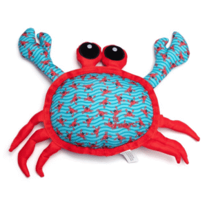 A plush crab dog toy with a blue and red design, featuring large googly eyes and raised claws, perfect for playtime.