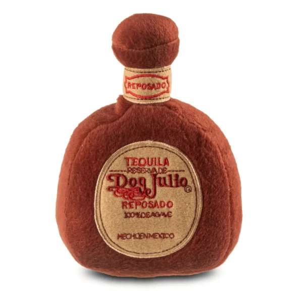 Brown plush tequila bottle dog toy with tan seal and red Tequila Reposado wording