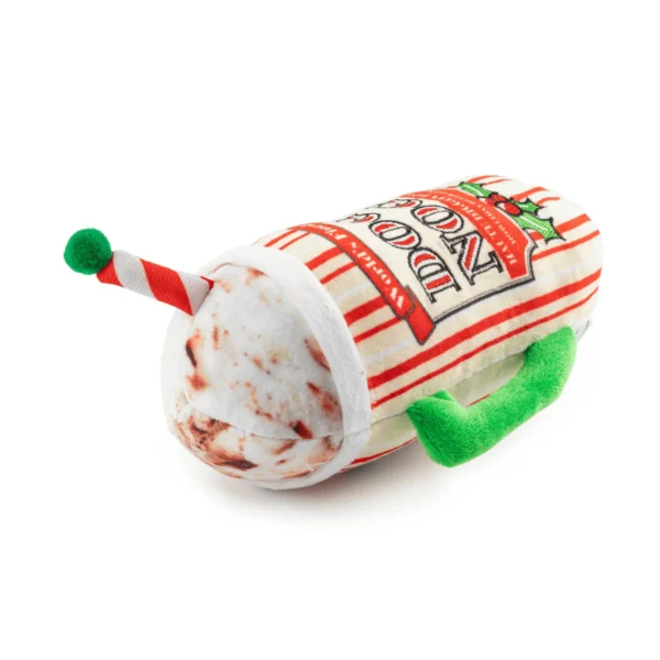 Dog Nog Dog Toy – plush eggnog cup toy lying flat with squeaker