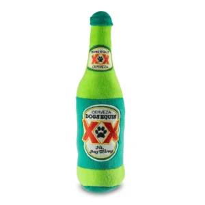 Green plush beer bottle dog toy with dark green label, two red Xs, and paw design
