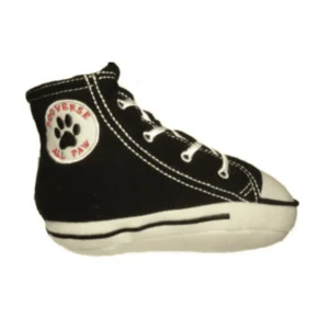 Dogverse All Paw Sneaker Dog Toy – plush black sneaker with white details and side patch that says Dogverse All Paw