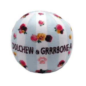 Light blue and white striped plush ball with embroidered roses and Dolchew & Grrrbone-A text