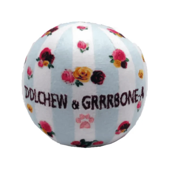Light blue and white striped plush ball with embroidered roses and Dolchew & Grrrbone-A text