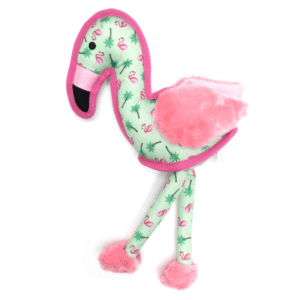 Pink flamingo dog toy with palm tree and flamingo print, soft fuzzy wings, long legs, and squeaker for playtime fun.