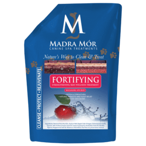 Fortifying spa mud dog treatment to detoxify, strengthen, and rejuvenate skin for a healthy coat.