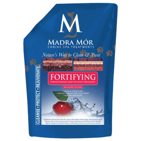 Fortifying spa mud dog treatment to detoxify, strengthen, and rejuvenate skin for a healthy coat.