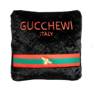Plush black dog bed with red and green stripes and red embroidered Gucchewi Italy text