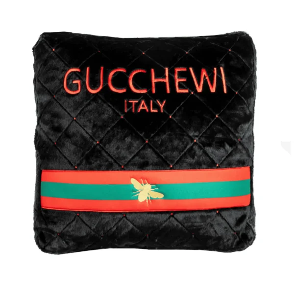 Plush black dog bed with red and green stripes and red embroidered Gucchewi Italy text