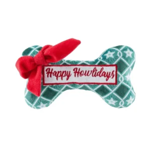 Green Stars Bone Happy Howlidays Dog Toy – plush holiday bone squeaky toy for dogs