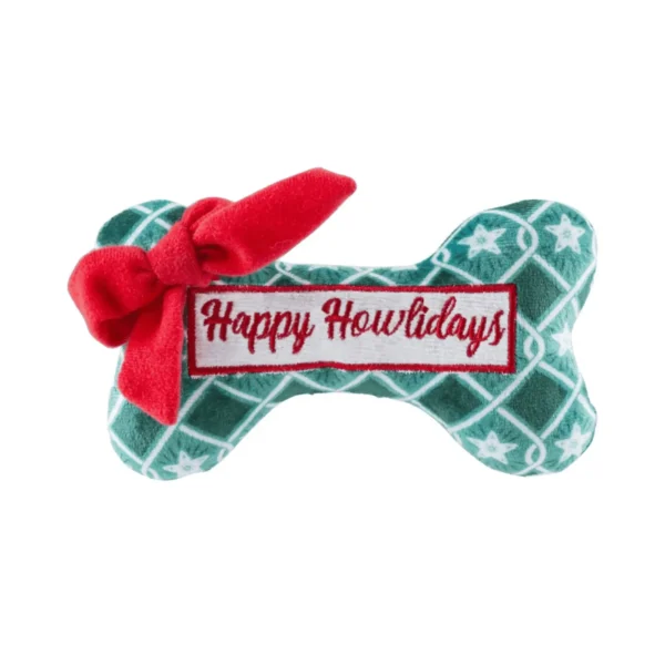 Green Stars Bone Happy Howlidays Dog Toy – plush holiday bone squeaky toy for dogs