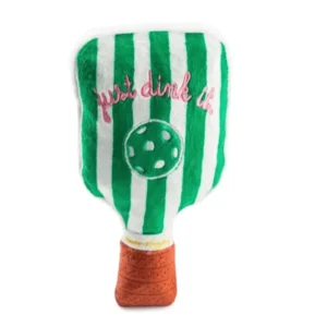 Green Stripe Pickleball Paddle Dog Toy – plush green striped paddle with pink embroidered ‘Just Drink It’ and green pickleball squeaky toy for dogs