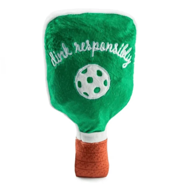 Green Pickleball Paddle Dog Toy – back view showing white embroidered ‘Drink Responsibly’ and white pickleball on plush paddle