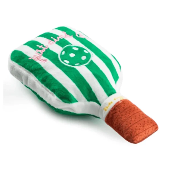 Green Striped Pickleball Paddle Dog Toy – slanted front view showing pink embroidered ‘Just Drink It’ and green pickleball on plush paddle