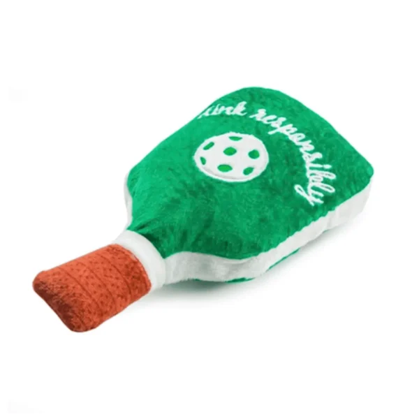 Green Pickleball Paddle Dog Toy – slanted back view showing white embroidered ‘Drink Responsibly’ and white pickleball on plush paddle