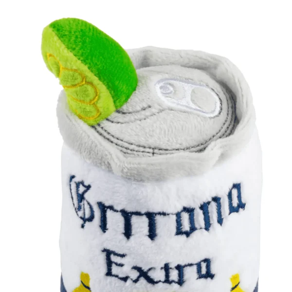 Grrrona Can Dog Toy – close-up of top half of plush beer can