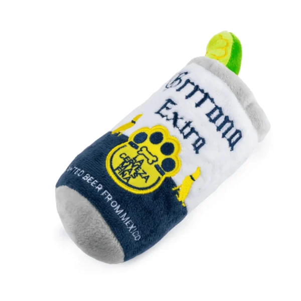 Grrrona Can Dog Toy – plush beer can toy lying flat in a diagonal with squeaker