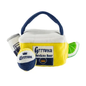 Grrrona Cooler Interactive Dog Toy – plush beer cooler with three squeaky mini toys inside: beach ball, beer can, and lime wedge