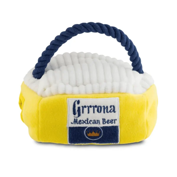 Grrrona Cooler Interactive Dog Toy – front view of plush beer cooler with mini toys inside