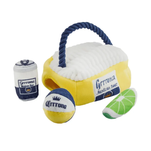Grrrona Cooler Interactive Dog Toy – plush beer cooler with three squeaky mini toys inside: beach ball, beer can, and lime wedge
