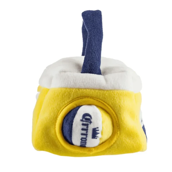 Grrrona Cooler Interactive Dog Toy – side view showing ball hole of plush beer cooler