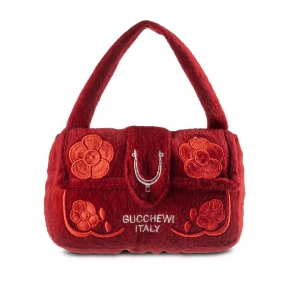 Plush dark red purse dog toy with red embroidered flowers and white Gucchewi text