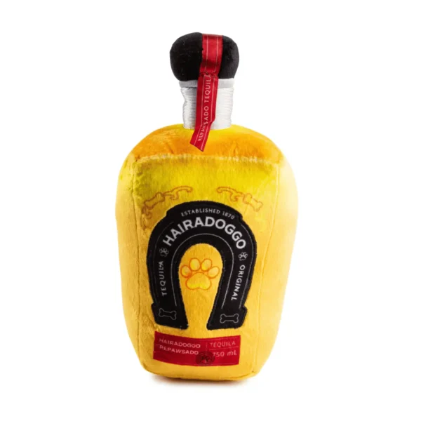 Plush tequila bottle dog toy with Lucky Dog embroidery, rope details, and back label