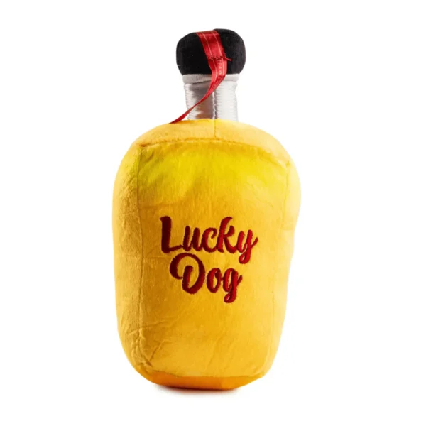 Plush tequila bottle dog toy back view with embroidered “Lucky Dog”