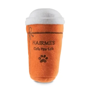 Orange plush coffee cup dog toy with white lid, brown ribbon, and Hairmes text