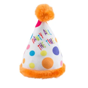Happy Birthday Pawty Hat Dog Toy – plush party hat with orange trim, white polka dots, and text ‘Party All The Time’ squeaky toy for dogs