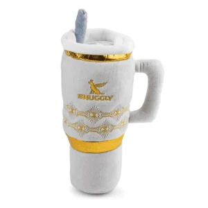 Holiday Snuggly Cup Dog Toy – plush ivory holiday mug squeaky toy for dogs