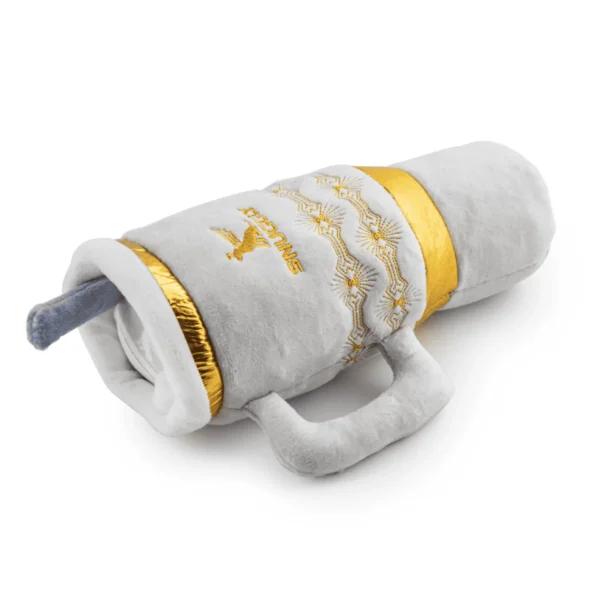 Holiday Snuggly Cup Dog Toy – plush ivory holiday mug toy lying flat with squeaker