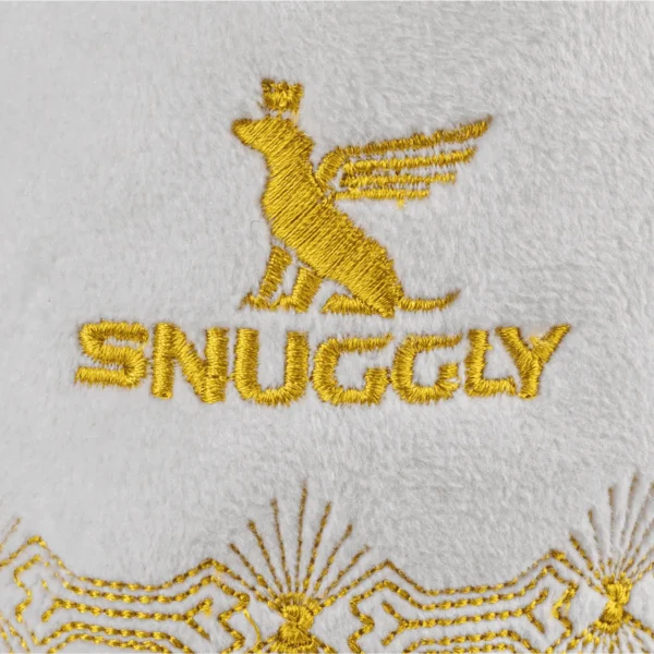 Holiday Snuggly Cup Dog Toy – close-up of label on plush ivory holiday mug toy