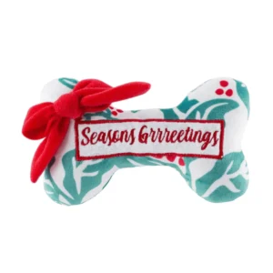 Holly Print Bone Seasons Grrreetings Dog Toy – plush holiday bone squeaky toy for dogs