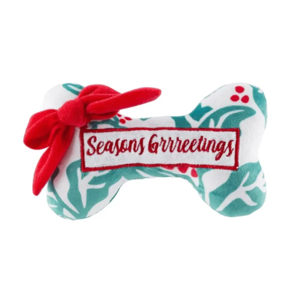 Holly Print Bone Seasons Grrreetings Dog Toy – plush holiday bone squeaky toy for dogs