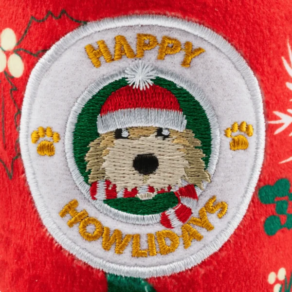 Howliday Cheer Mug Dog Toy – close-up of label on plush holiday mug toy