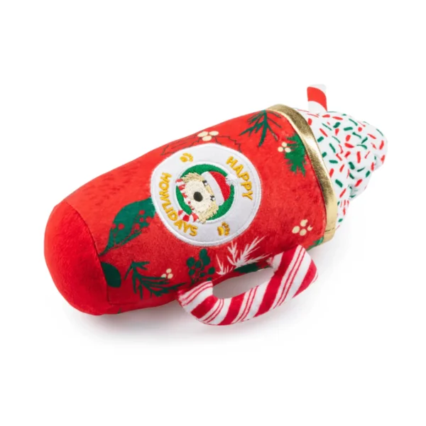 Howliday Cheer Mug Dog Toy – plush holiday mug toy lying flat with squeaker