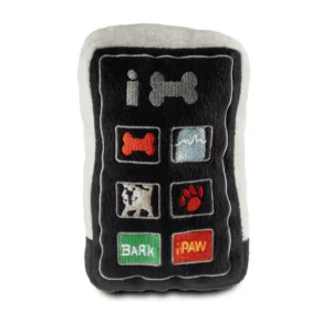 Plush black phone dog toy with gray iBone design and colorful app icons