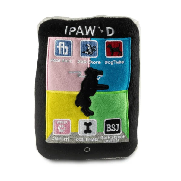 Plush black dog toy with white “IPAW’D” text and colorful app icons