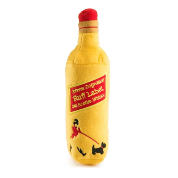 Johnnie Dogwalker Ruff Label Dog Toy – plush whiskey bottle squeaky toy for dogs