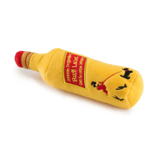 Johnnie Dogwalker Ruff Label Dog Toy – plush whiskey bottle toy lying flat with squeaker
