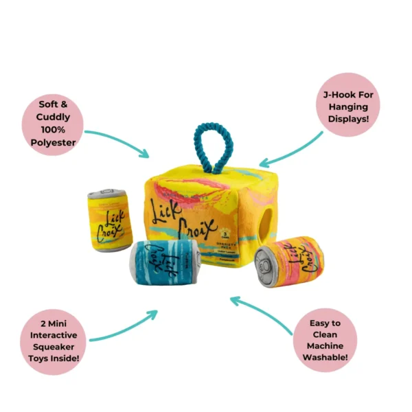 LickCroix Grrriety Pack Dog Toy – three plush LickCroix Mini bottles that squeak and crackle
