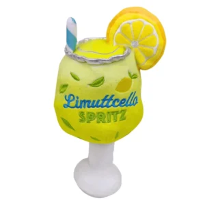 Yellow plush cocktail glass dog toy with gold cap and Limuttcello Spritz label