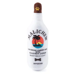 White plush rum bottle dog toy with brown cap, palm tree design, and Malichew text