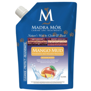 Mango massaging spa mud dog treatment to hydrate, protect, and refresh your dog’s skin and coat.
