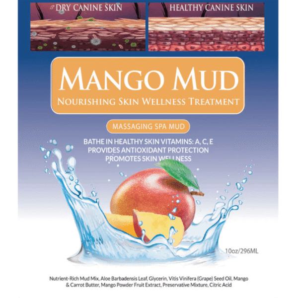 Mango massaging spa mud dog treatment to hydrate, protect, and refresh your dog’s skin and coat.