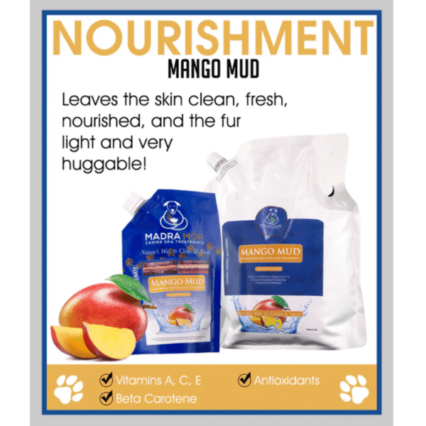 Mango massaging spa mud dog treatment to hydrate, protect, and refresh your dog’s skin and coat.