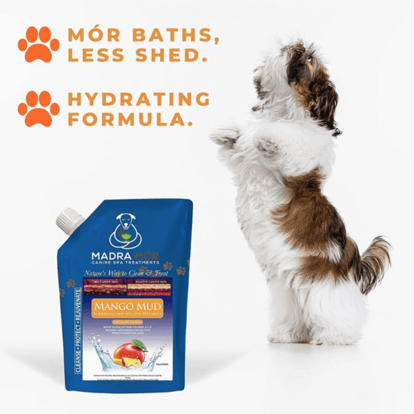 Mango massaging spa mud dog treatment to hydrate, protect, and refresh your dog’s skin and coat. Hydrating Formula