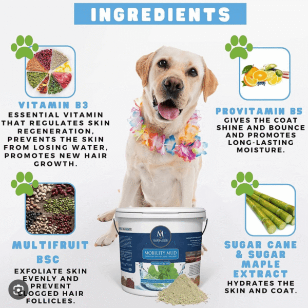 Mobility mud dog treatment with a dog and ingredients