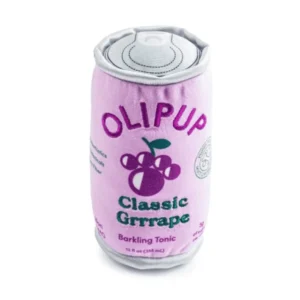 Purple plush soda can dog toy with green Classic Grrrape design and Support Doggie Fun