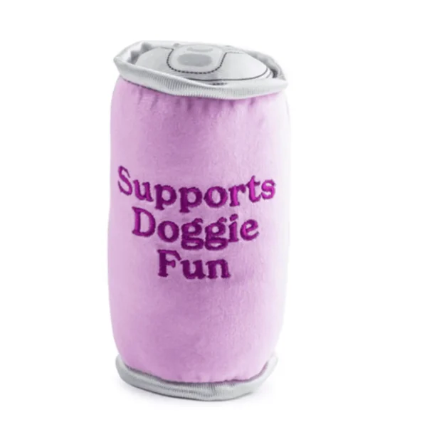 Back view of Purple plush soda can dog toy with green Classic Grrrape design and Support Doggie Fun back.
